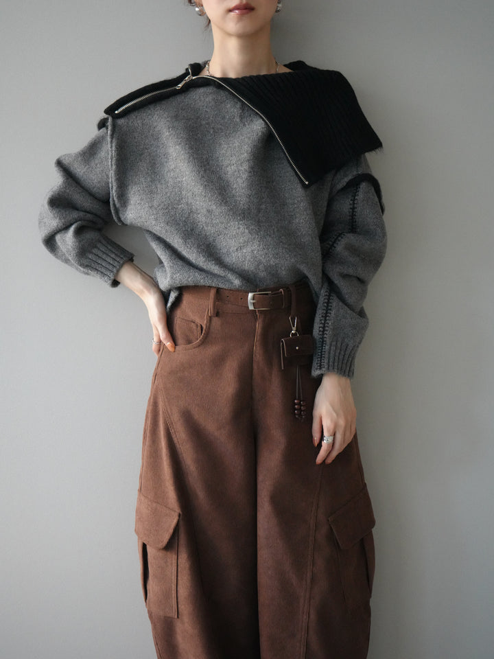 [予約]ZIPハイネックバイカラーニットプルオーバー/charcoal