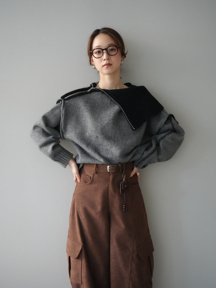 [予約]ZIPハイネックバイカラーニットプルオーバー/charcoal