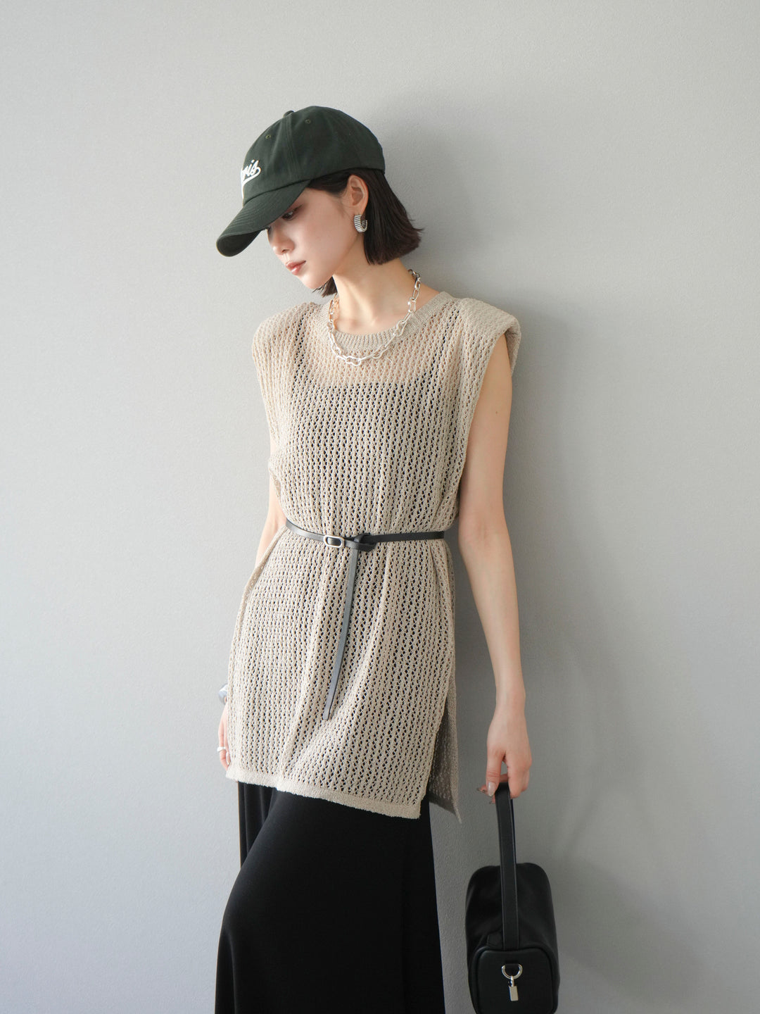 【預購】繫腰帶網眼針織連身裙/米色