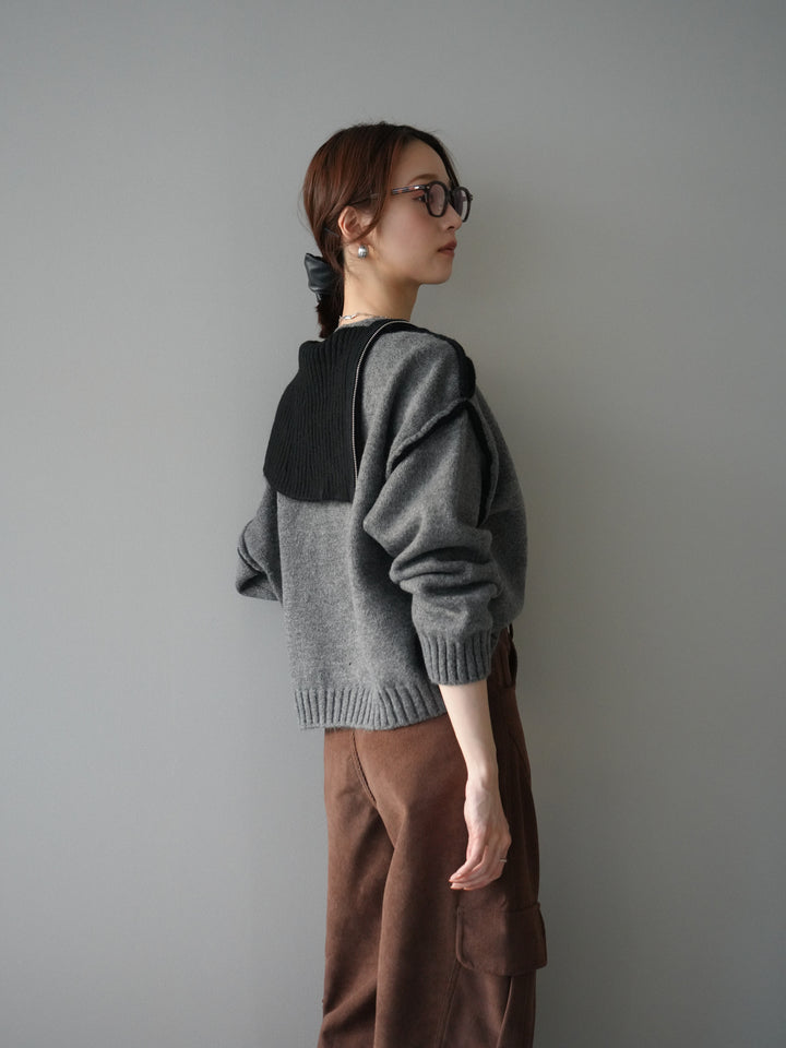 [予約]ZIPハイネックバイカラーニットプルオーバー/charcoal