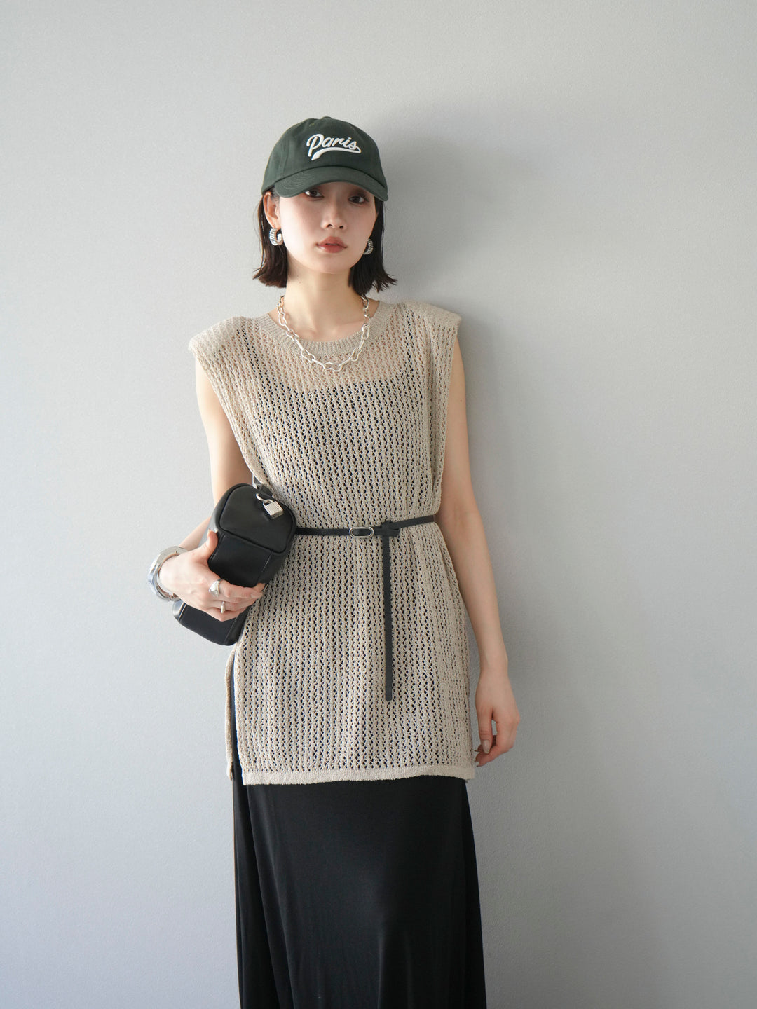 【預購】繫腰帶網眼針織連身裙/米色