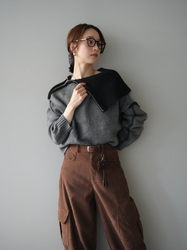 [予約]ZIPハイネックバイカラーニットプルオーバー/charcoal