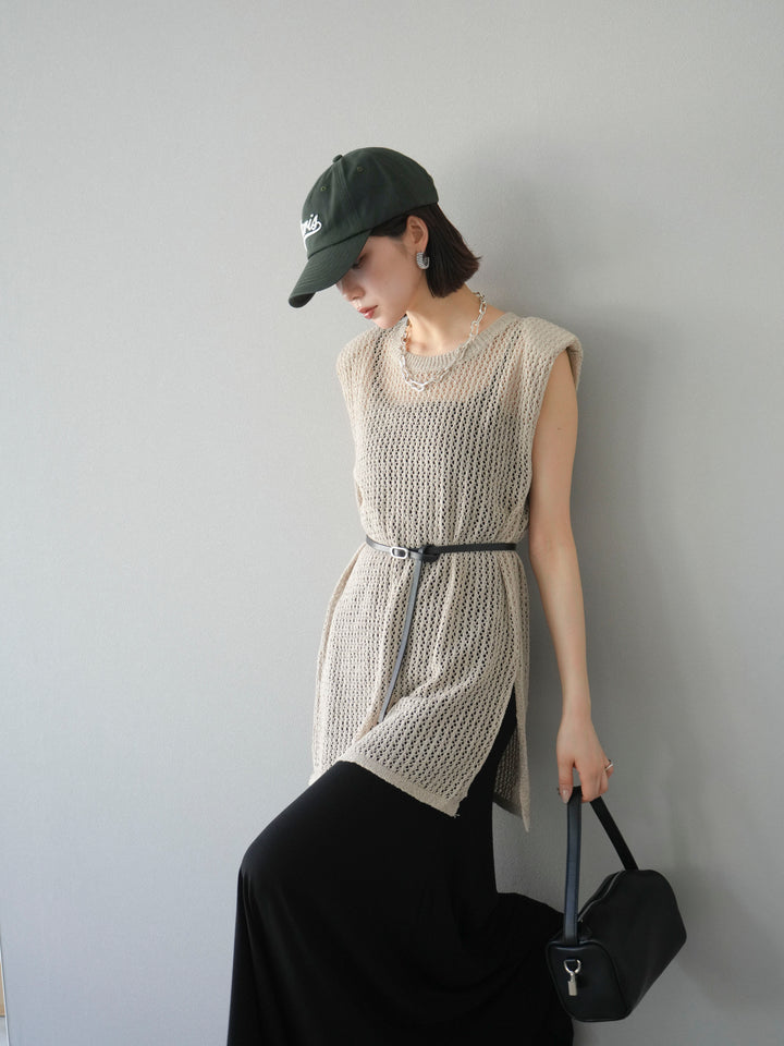 【預購】繫腰帶網眼針織連身裙/米色