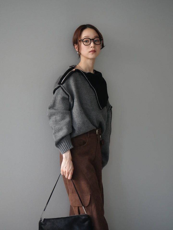 [予約]ZIPハイネックバイカラーニットプルオーバー/charcoal