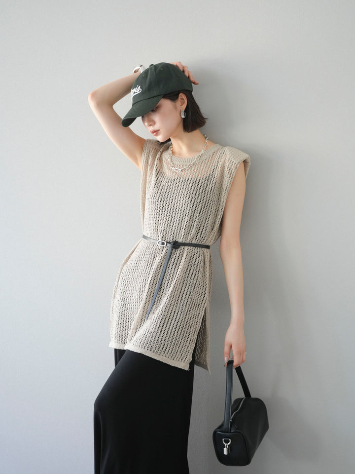 【預購】繫腰帶網眼針織連身裙/米色