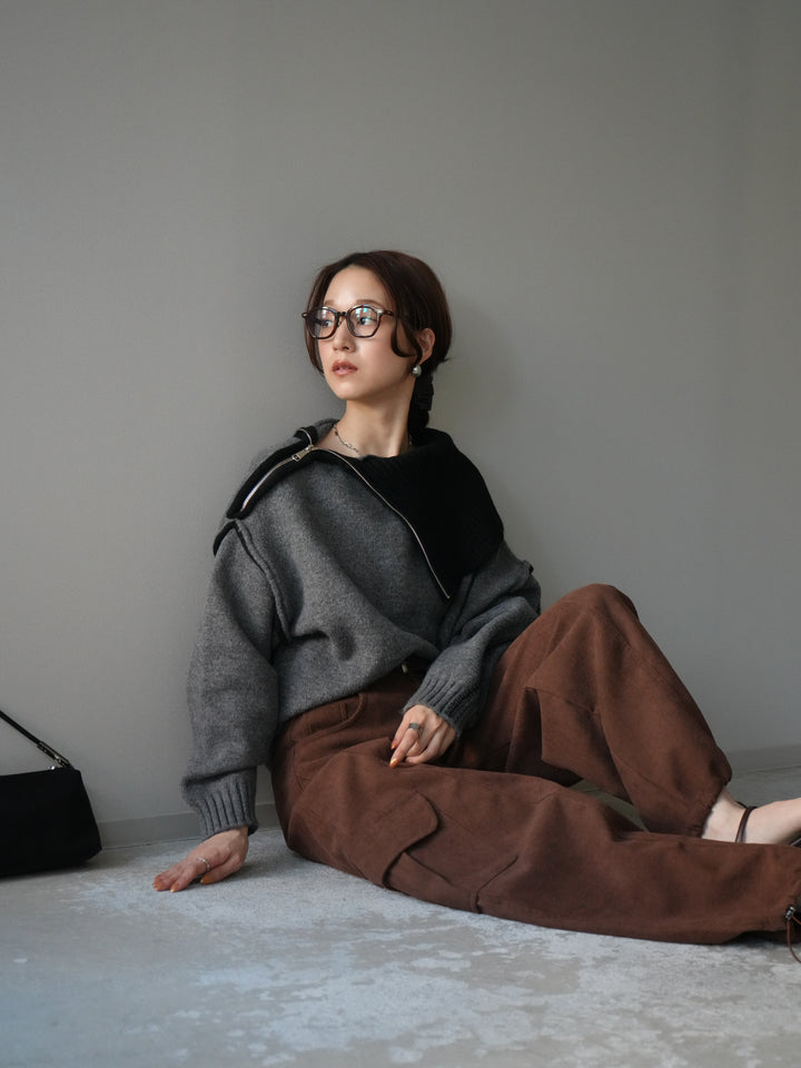 [予約]ZIPハイネックバイカラーニットプルオーバー/charcoal