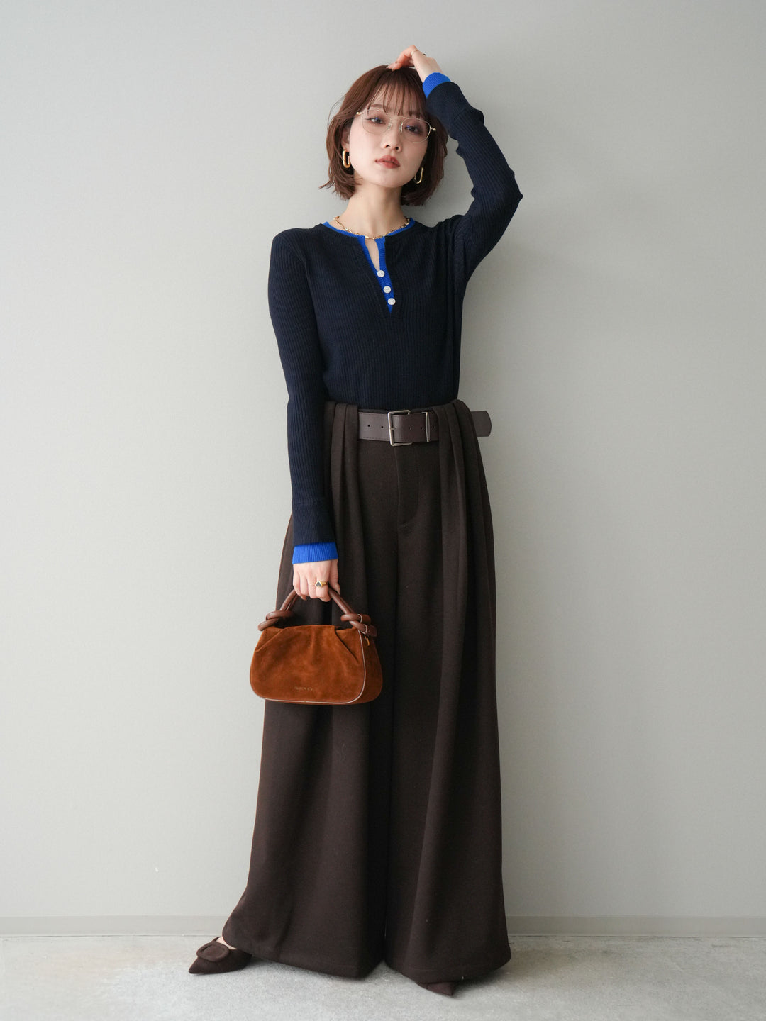 [予約]ベルトデザインループウールワイドパンツ(ベルト付)/brown