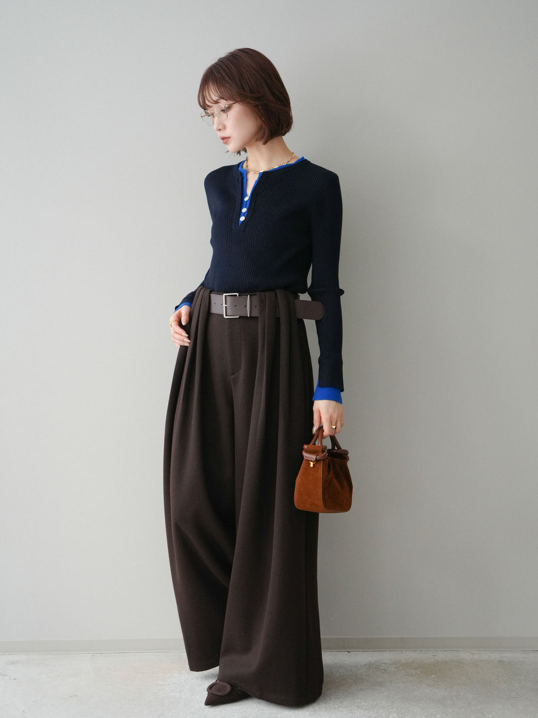 [予約]ベルトデザインループウールワイドパンツ(ベルト付)/brown