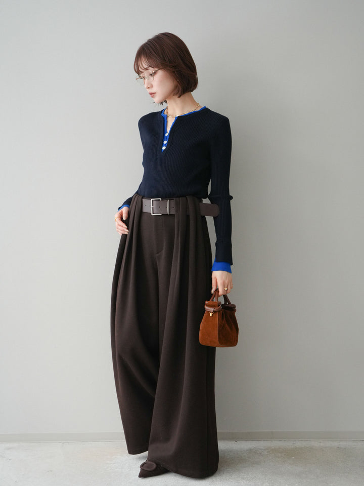 [予約]ベルトデザインループウールワイドパンツ(ベルト付)/brown