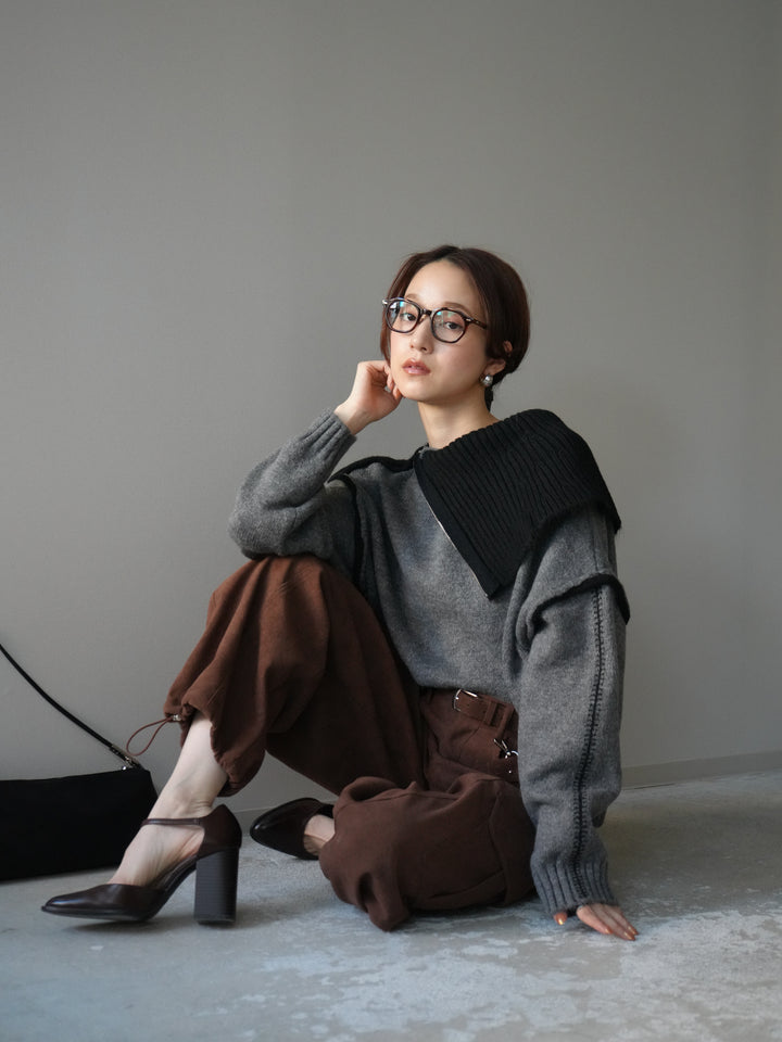 [予約]ZIPハイネックバイカラーニットプルオーバー/charcoal