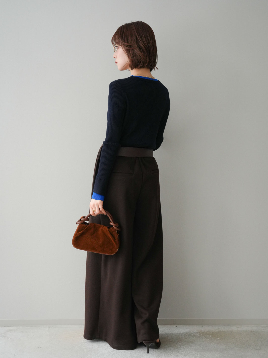 [予約]ベルトデザインループウールワイドパンツ(ベルト付)/brown