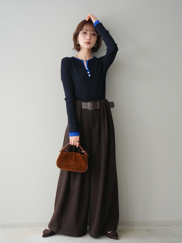 [予約]ベルトデザインループウールワイドパンツ(ベルト付)/brown