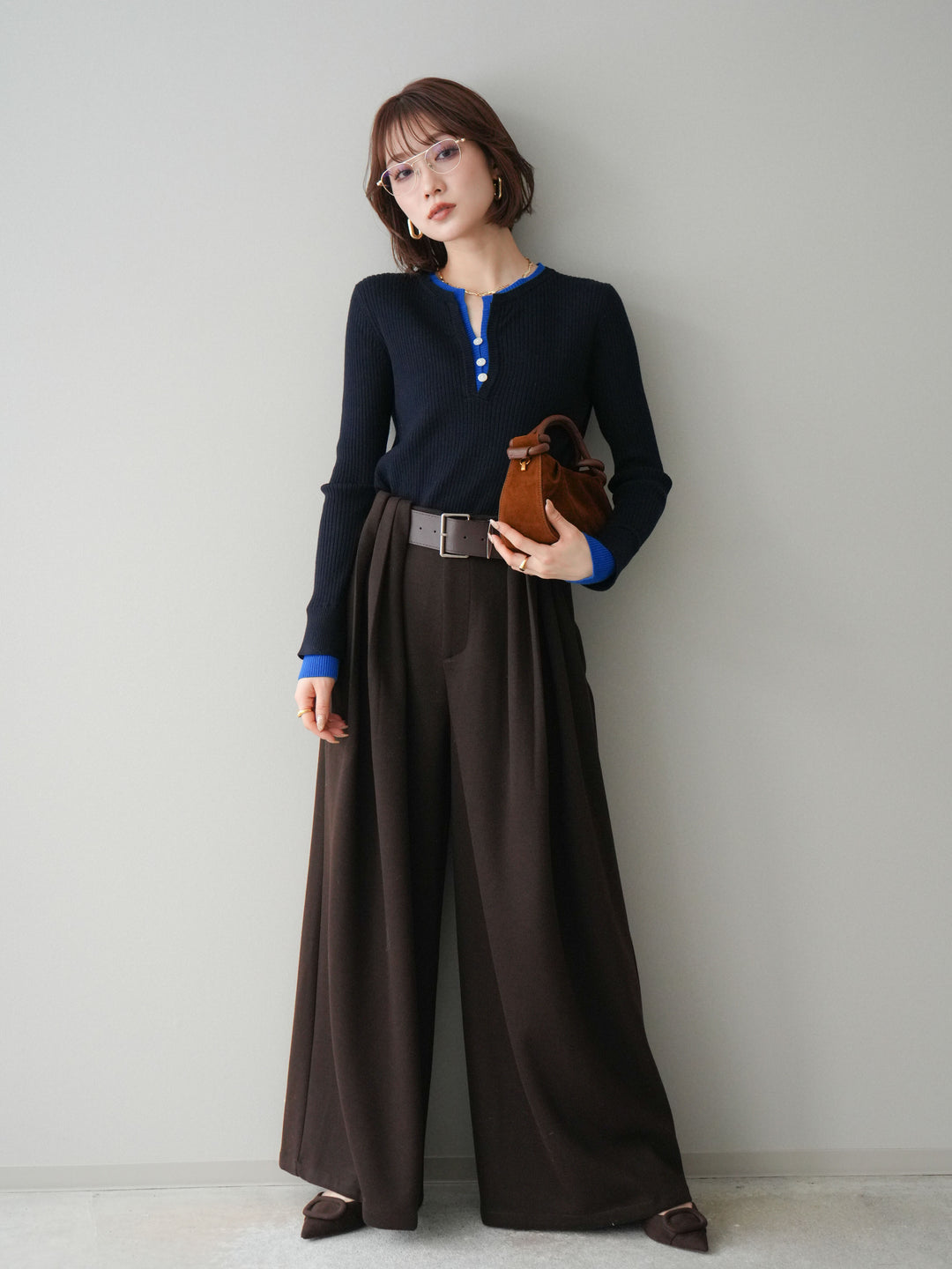 [予約]ベルトデザインループウールワイドパンツ(ベルト付)/brown