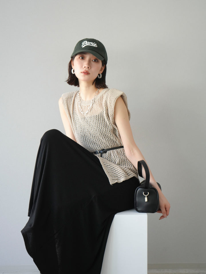 【預購】繫腰帶網眼針織連身裙/米色