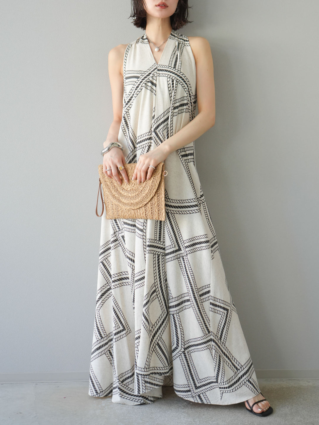 [予約]ロープ柄リネンタッチワンピース/アイボリー