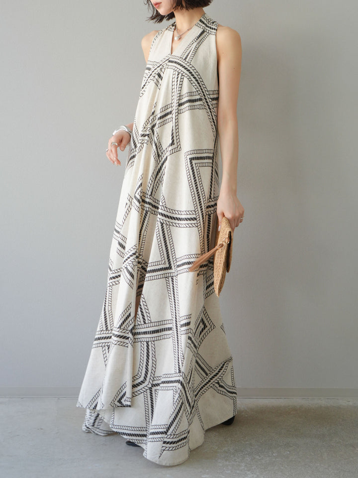 [予約]ロープ柄リネンタッチワンピース/アイボリー