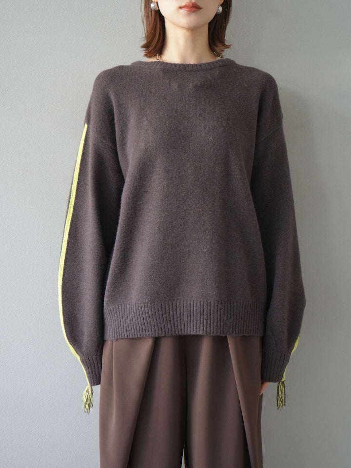 [予約]配色ステッチフリンジニットプルオーバー /ブラウン