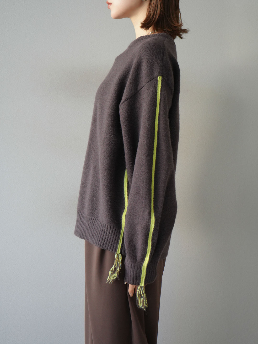 [予約]配色ステッチフリンジニットプルオーバー /ブラウン