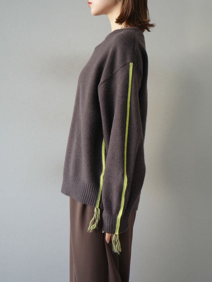 [予約]配色ステッチフリンジニットプルオーバー /ブラウン
