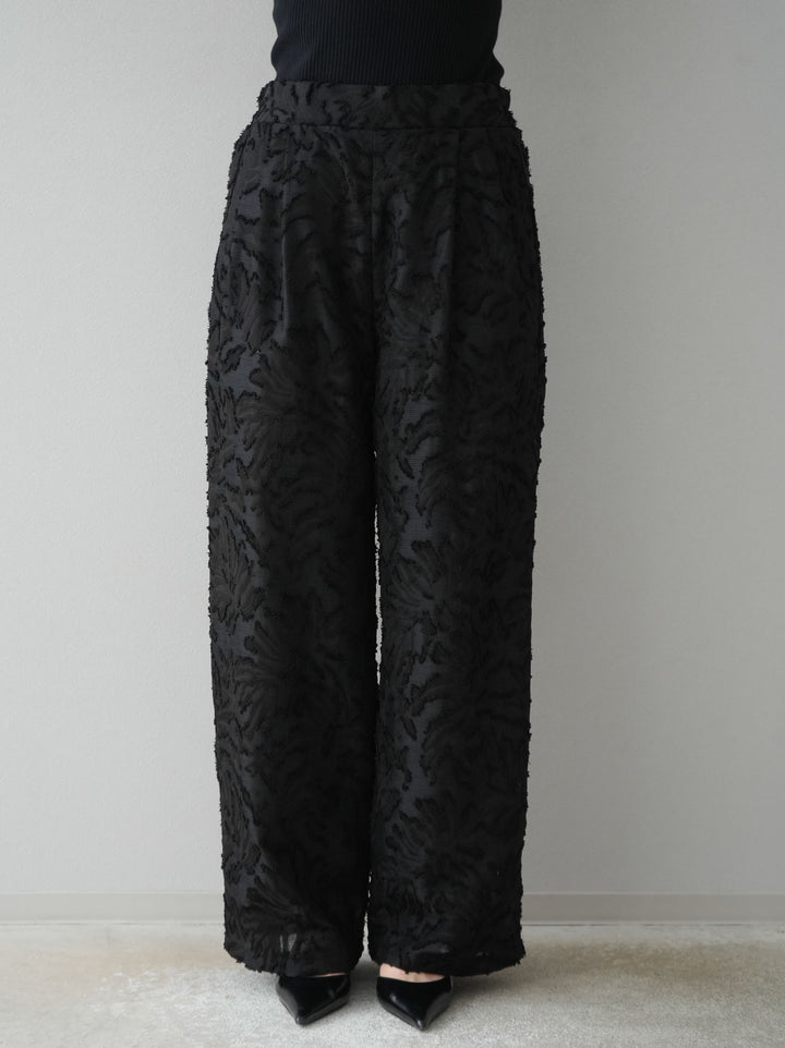 【預購】透視提花褶皺寬褲/黑