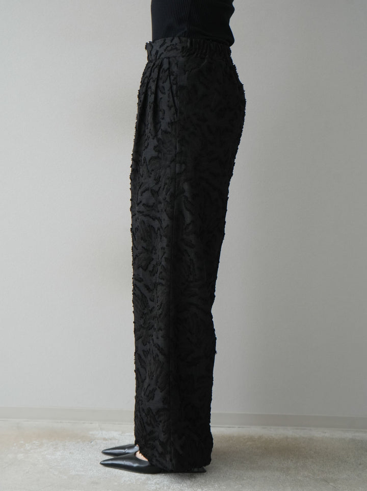 【預購】透視提花褶皺寬褲/黑