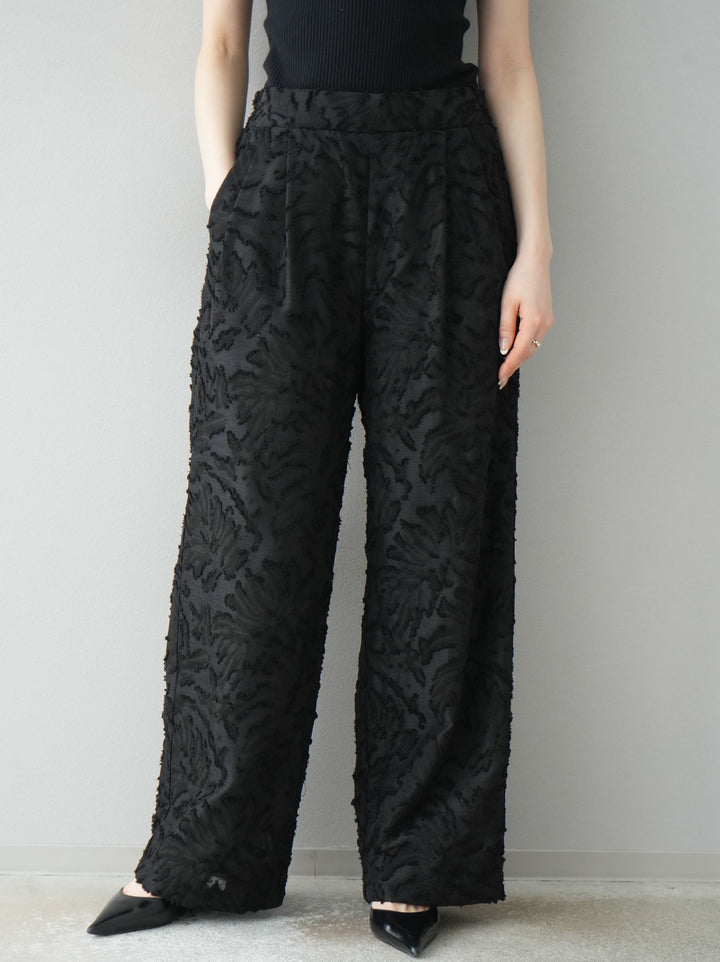 【預購】透視提花褶皺寬褲/黑