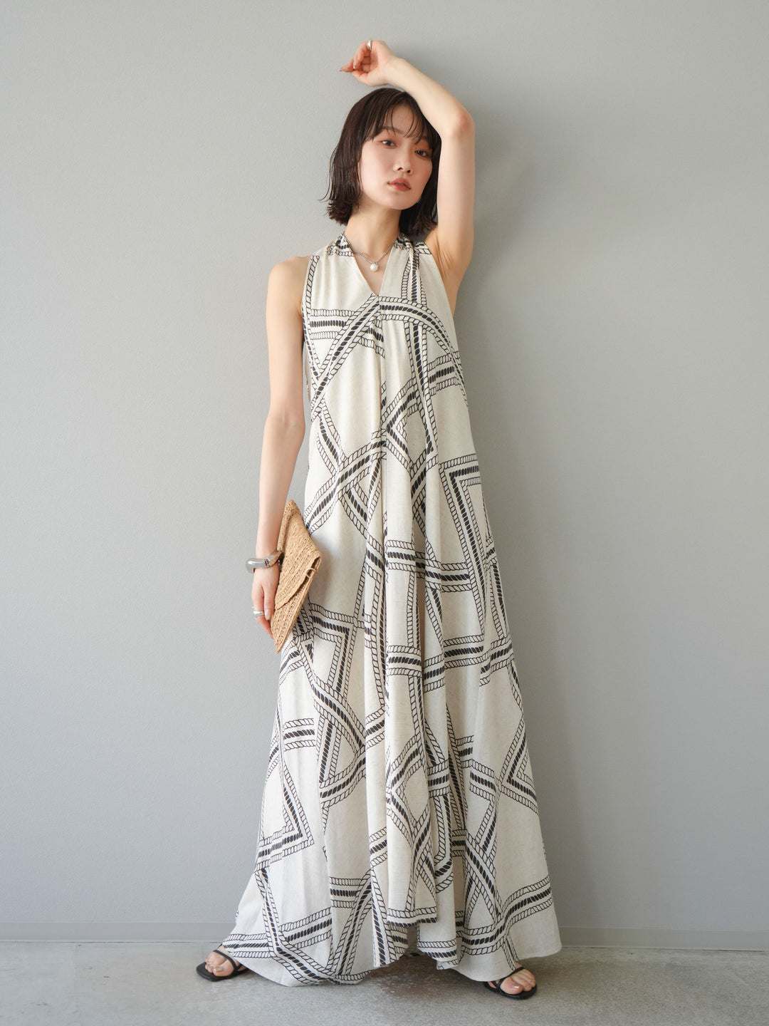 [予約]ロープ柄リネンタッチワンピース/アイボリー