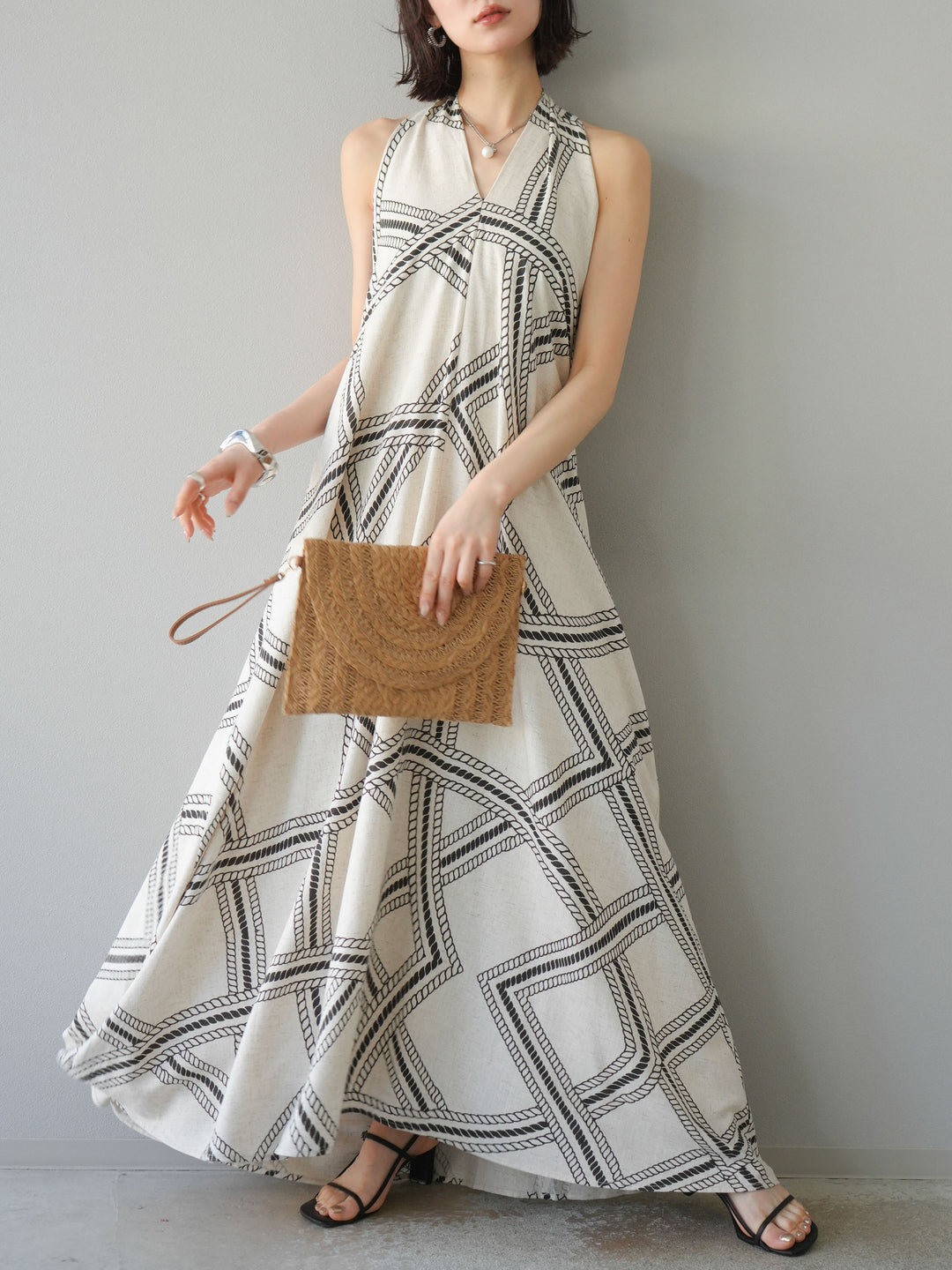 [予約]ロープ柄リネンタッチワンピース/アイボリー