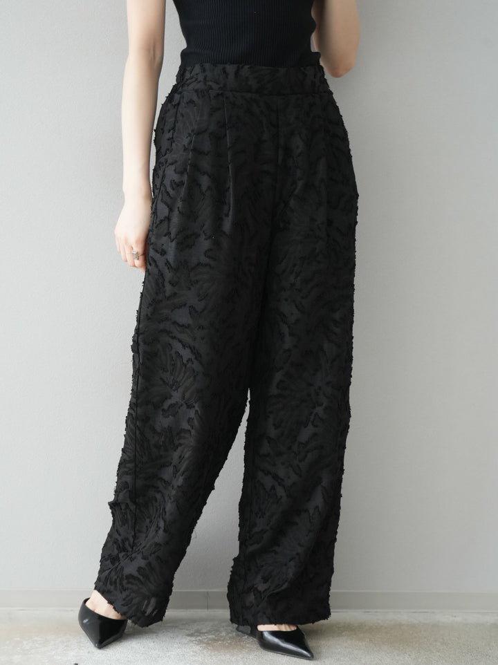 【預購】透視提花褶皺寬褲/黑