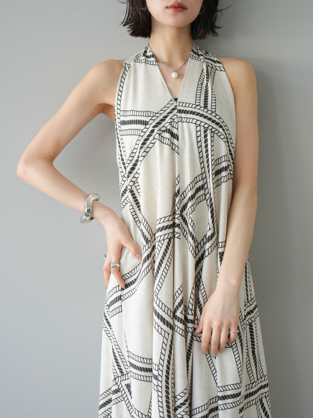 [予約]ロープ柄リネンタッチワンピース/アイボリー