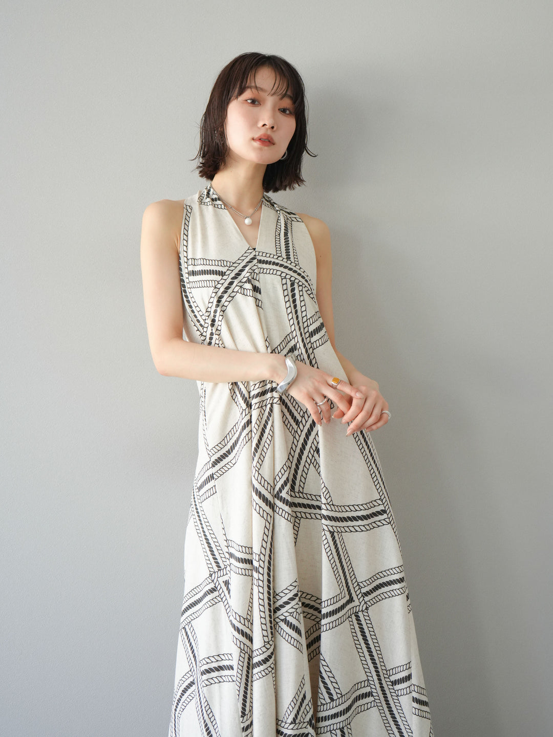 [予約]ロープ柄リネンタッチワンピース/アイボリー