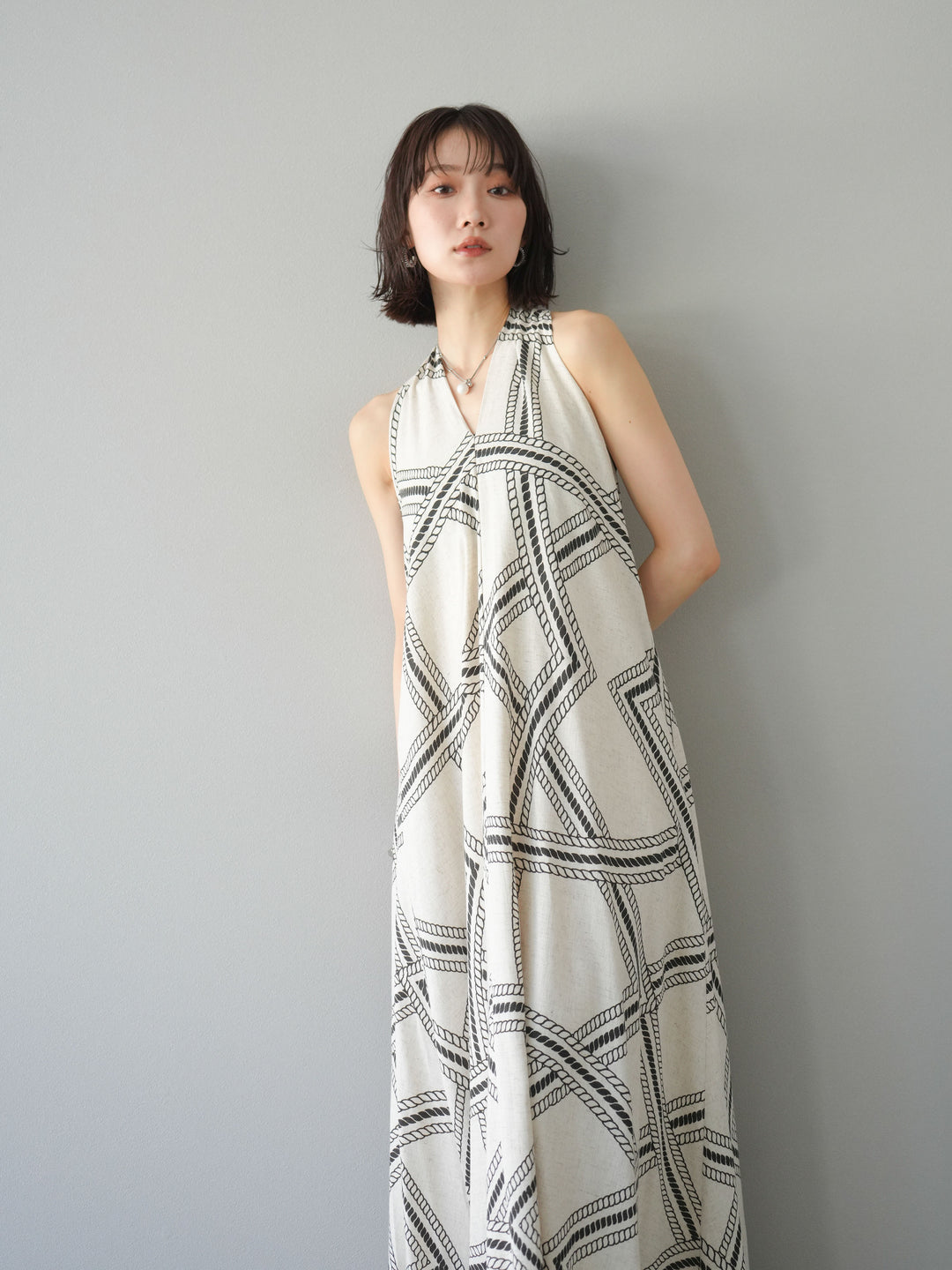 [予約]ロープ柄リネンタッチワンピース/アイボリー