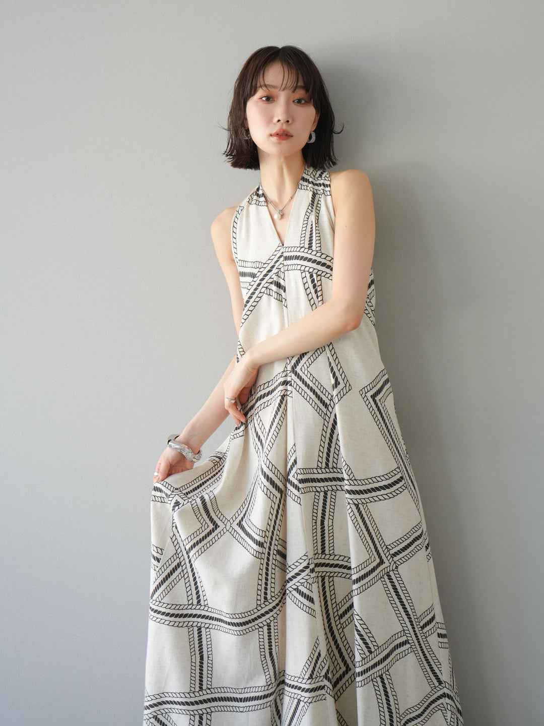 [予約]ロープ柄リネンタッチワンピース/アイボリー