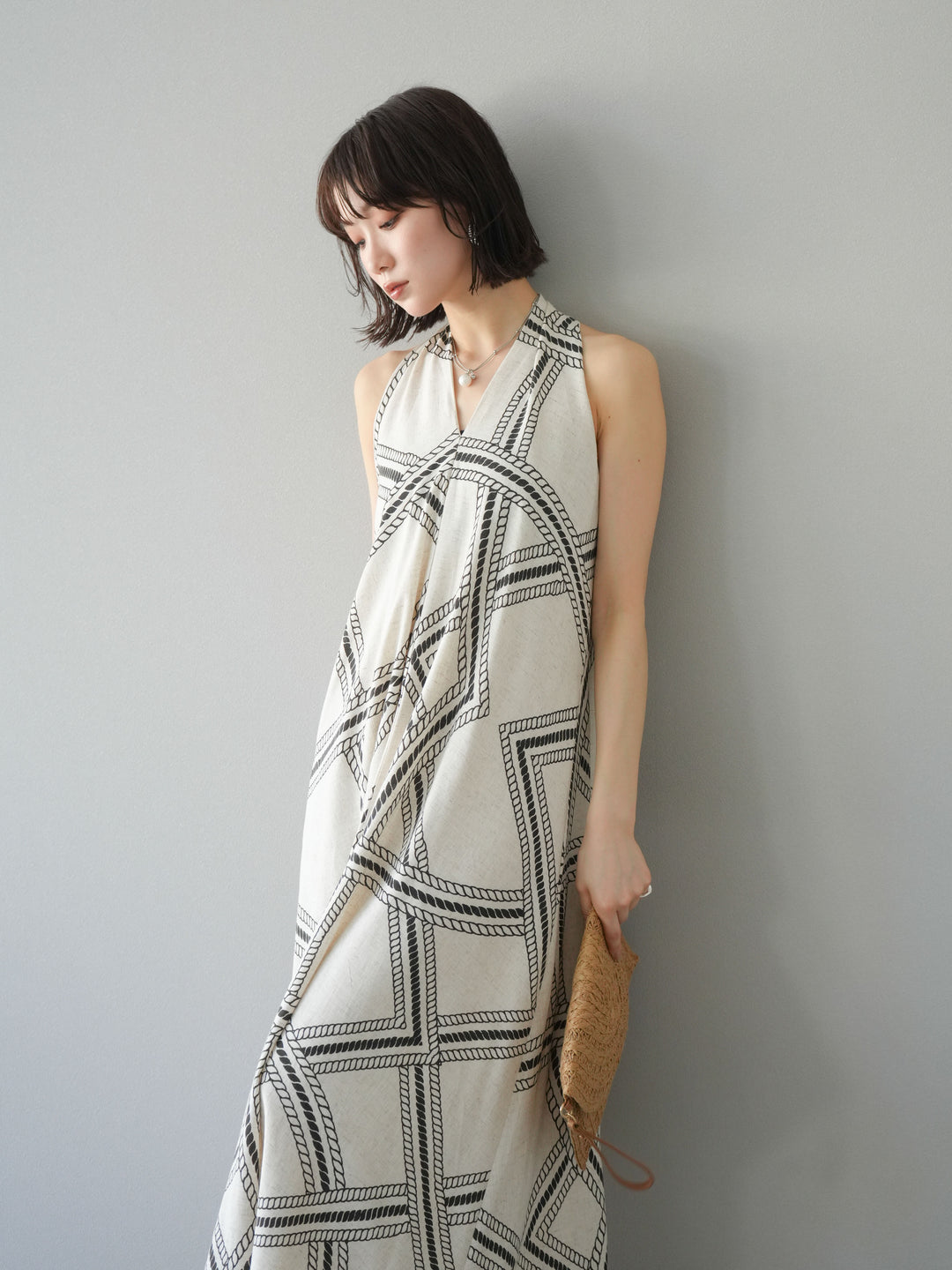 [予約]ロープ柄リネンタッチワンピース/アイボリー