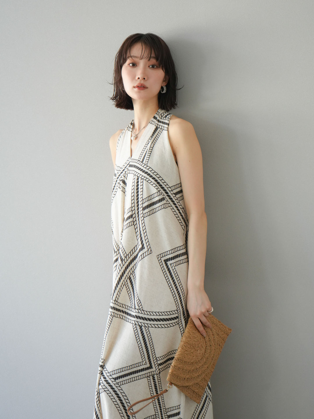 [予約]ロープ柄リネンタッチワンピース/アイボリー