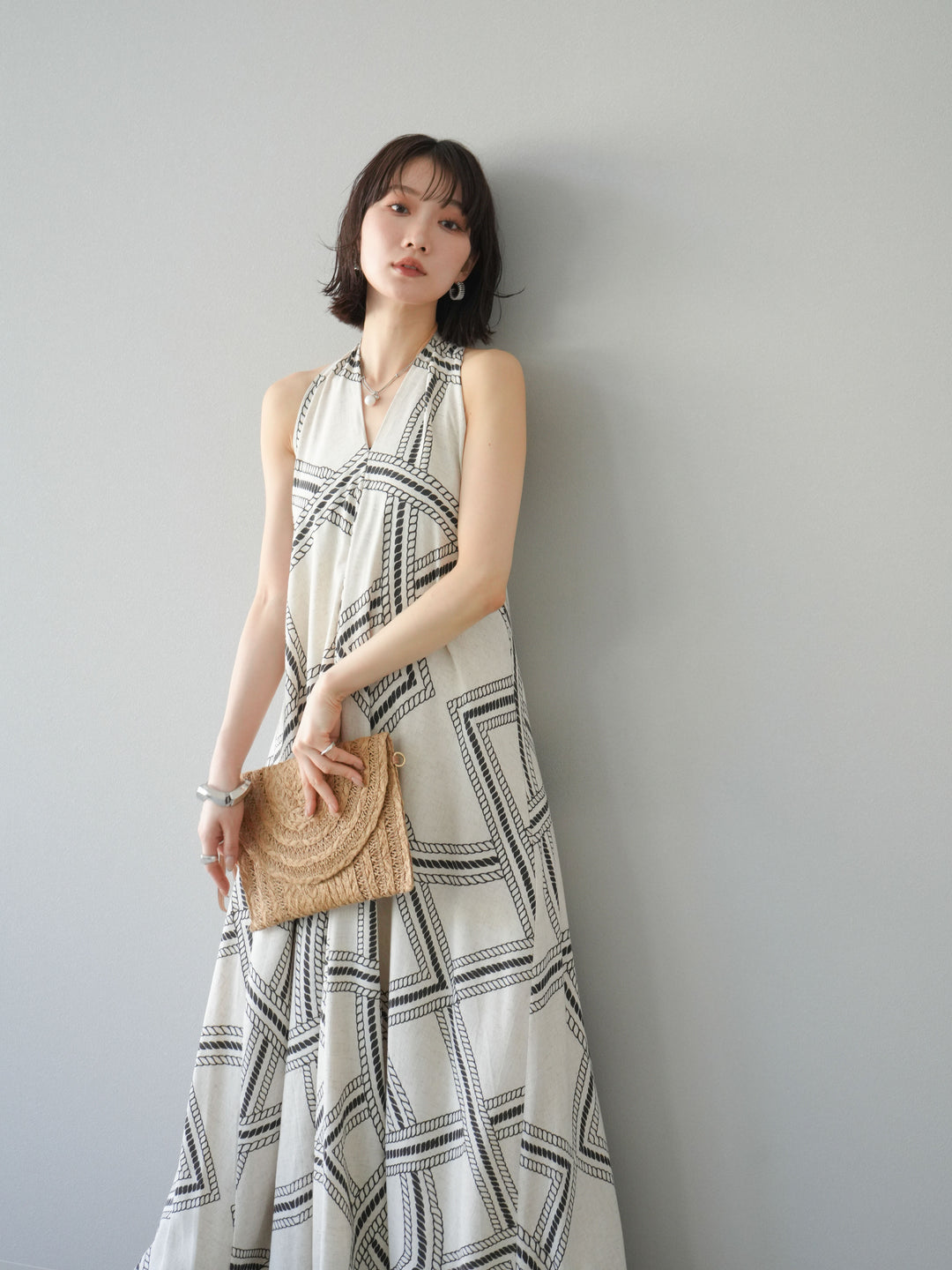[予約]ロープ柄リネンタッチワンピース/アイボリー