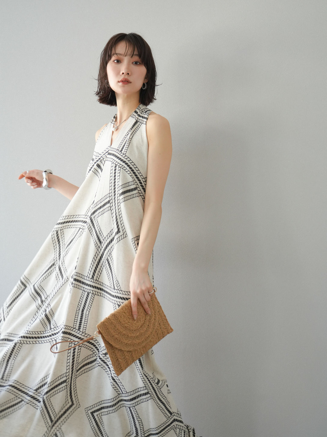 [予約]ロープ柄リネンタッチワンピース/アイボリー