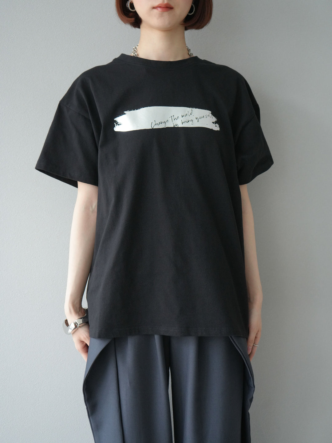 [予約]箔プリントTシャツ/ブラックシルバー
