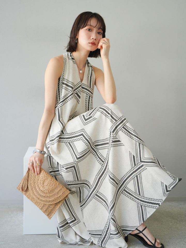 [予約]ロープ柄リネンタッチワンピース/アイボリー
