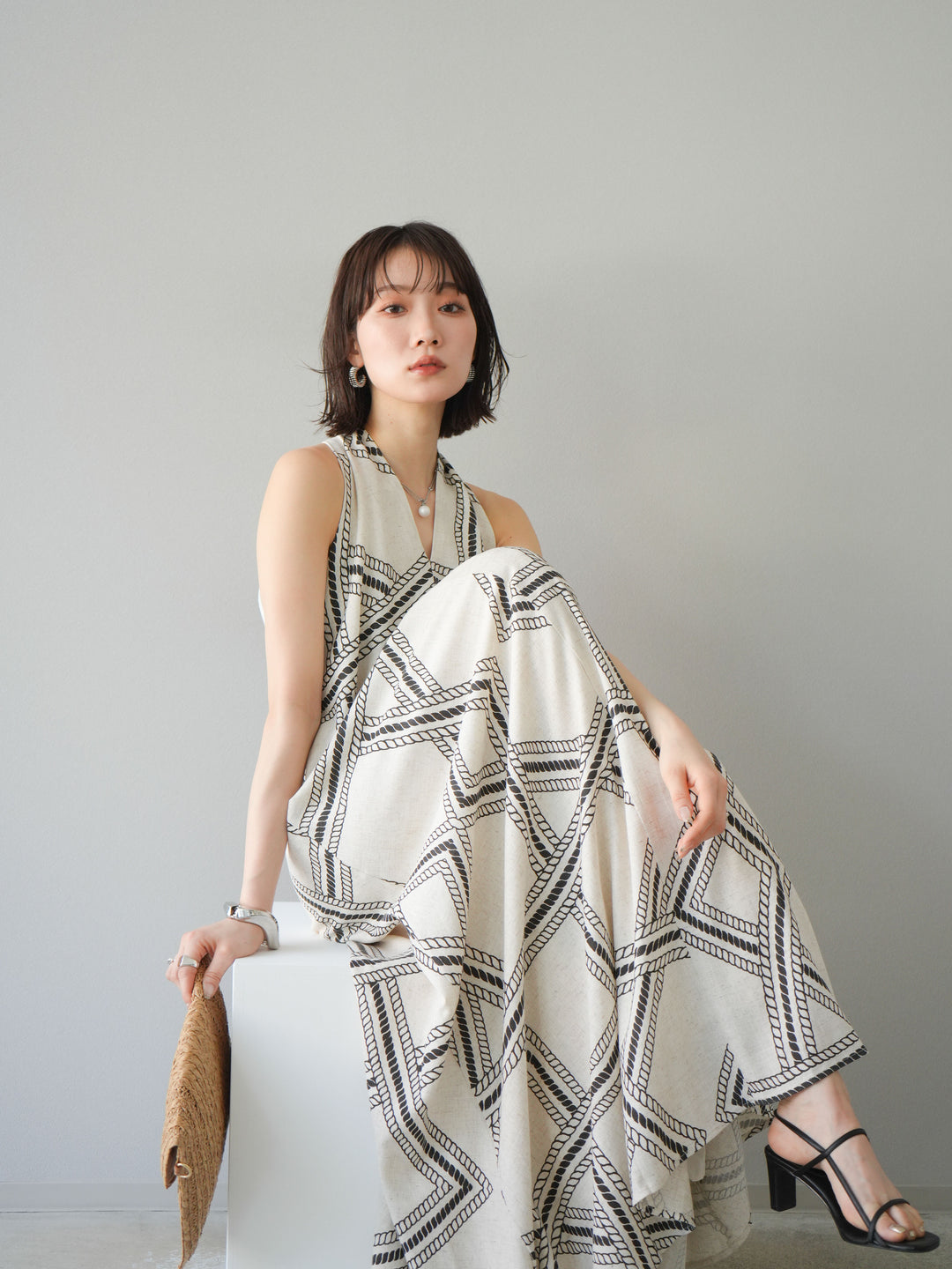 [予約]ロープ柄リネンタッチワンピース/アイボリー