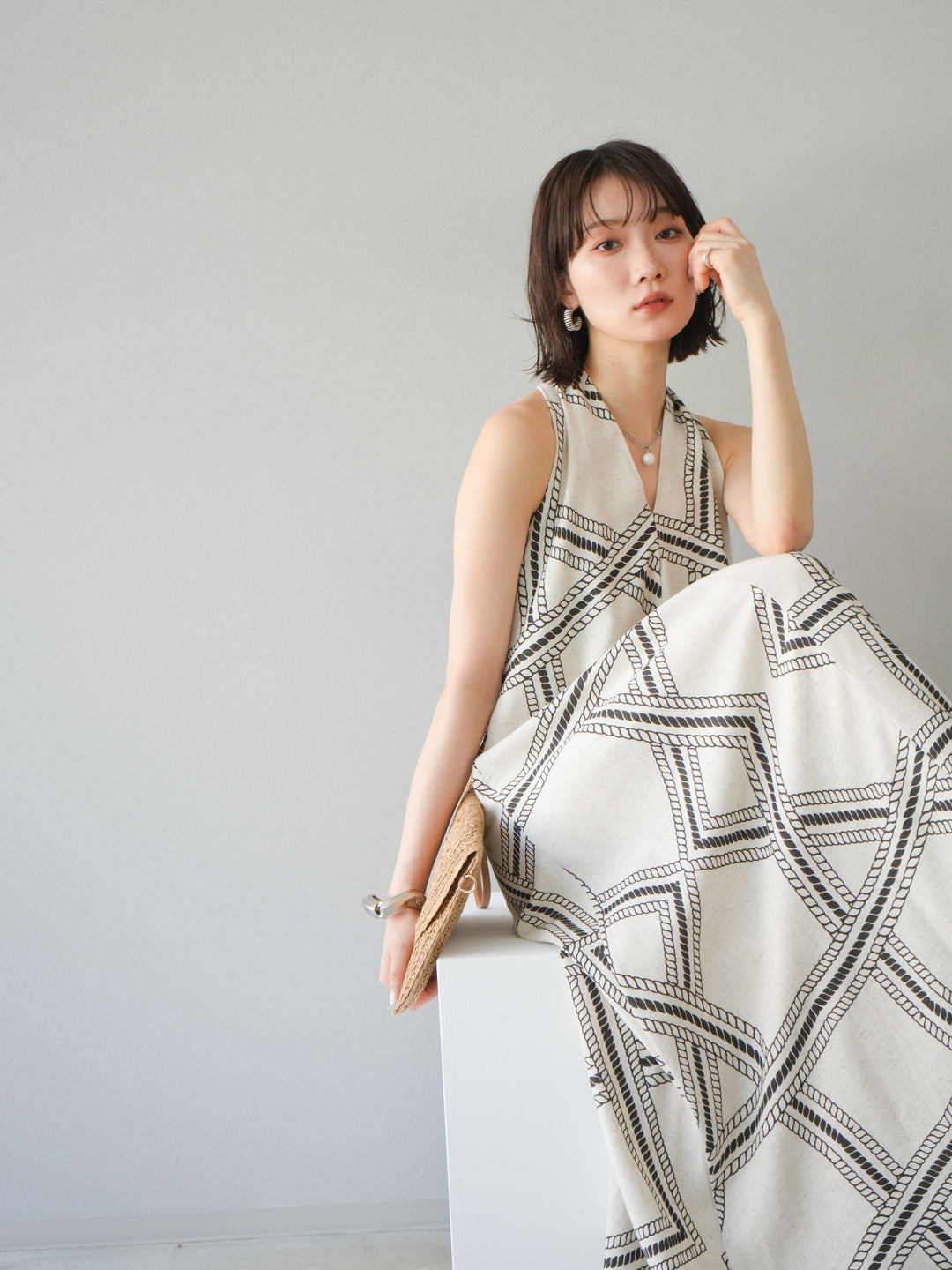 [予約]ロープ柄リネンタッチワンピース/アイボリー