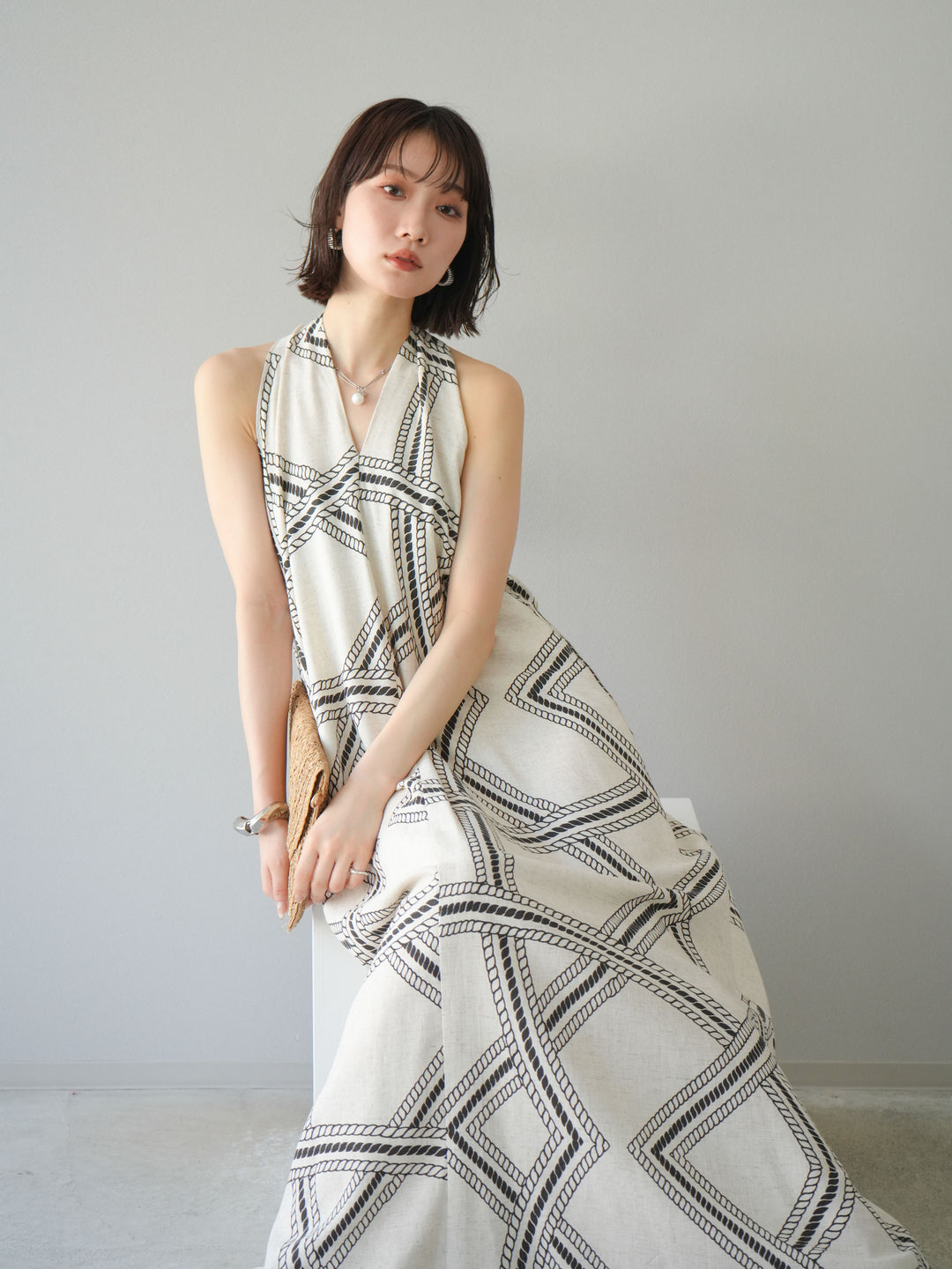 [予約]ロープ柄リネンタッチワンピース/アイボリー