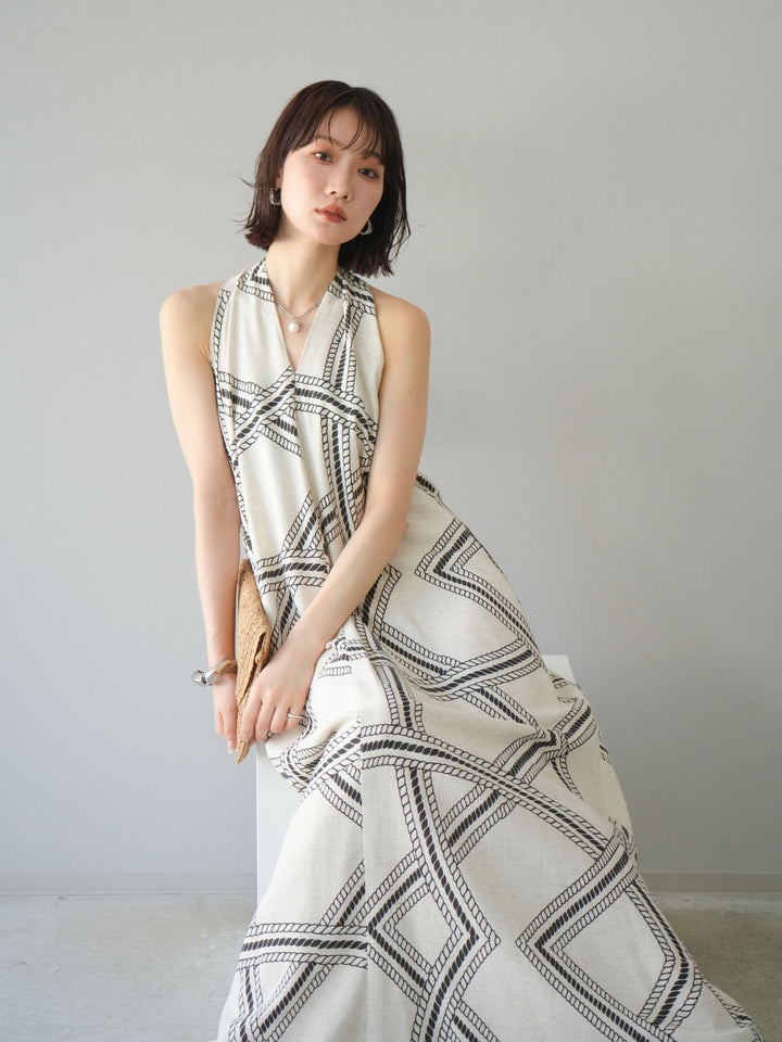 [予約]ロープ柄リネンタッチワンピース/アイボリー