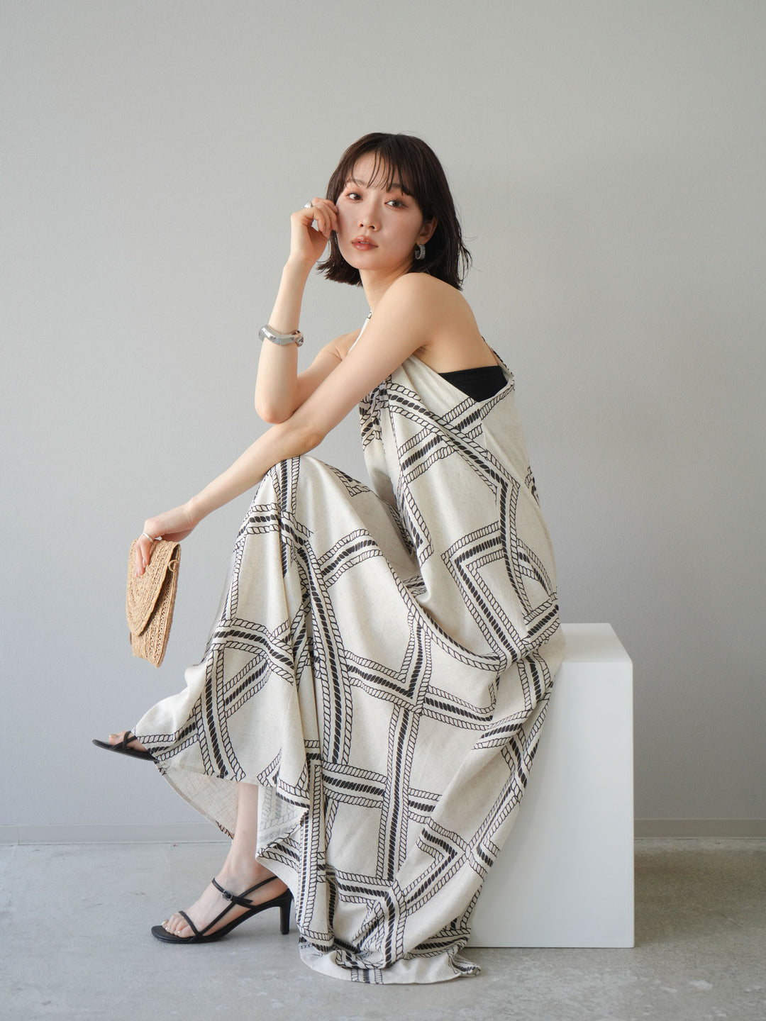 [予約]ロープ柄リネンタッチワンピース/アイボリー