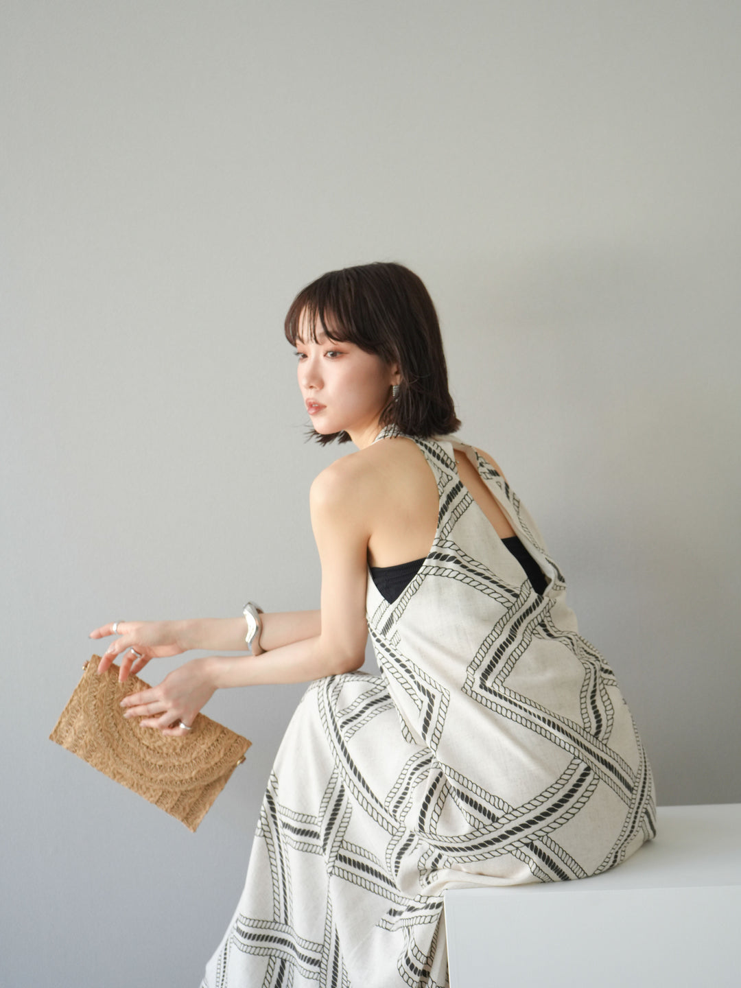 [予約]ロープ柄リネンタッチワンピース/アイボリー