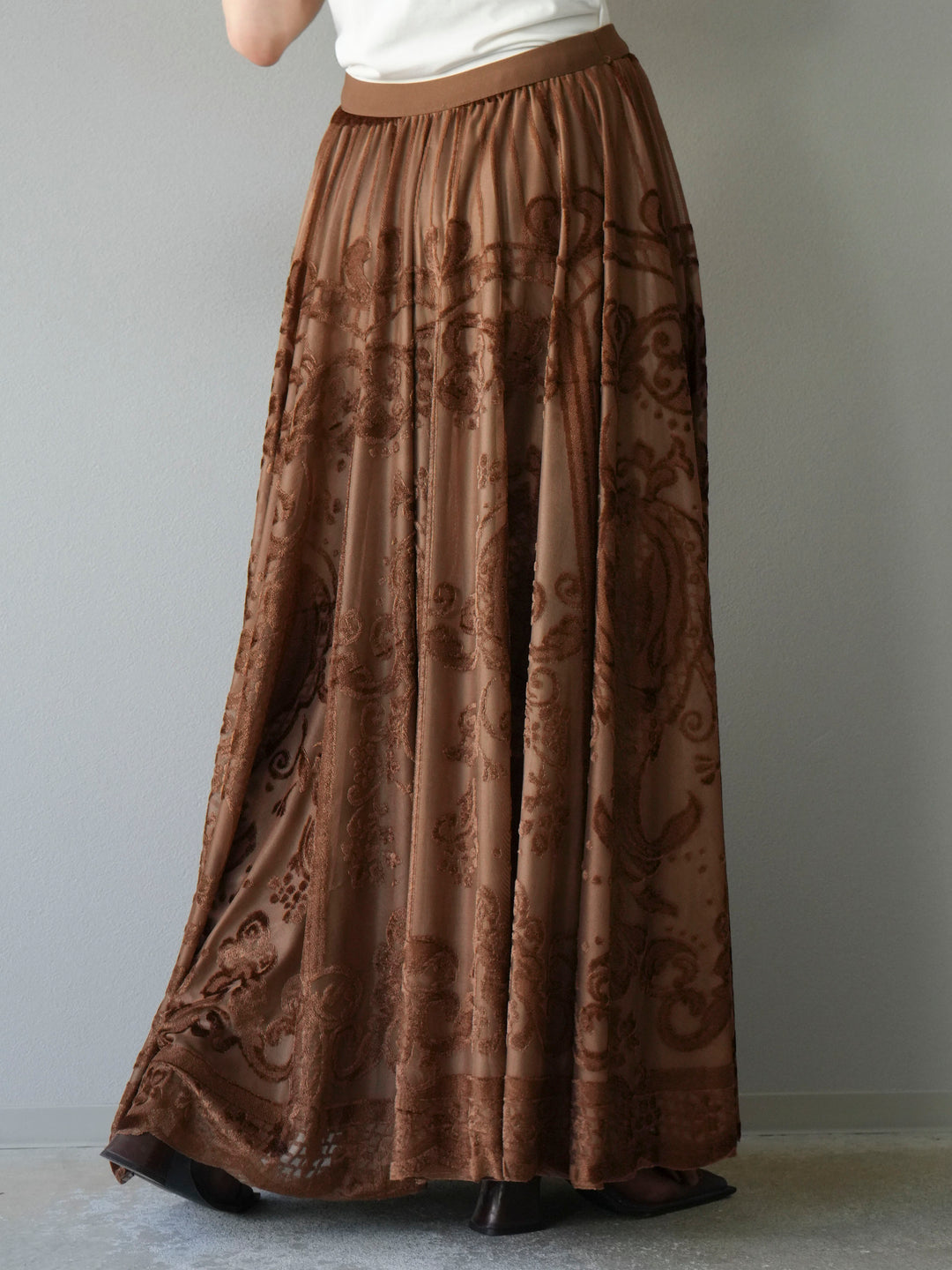 [予約]アンティーク柄フロッキーマキシスカート/ブラウン