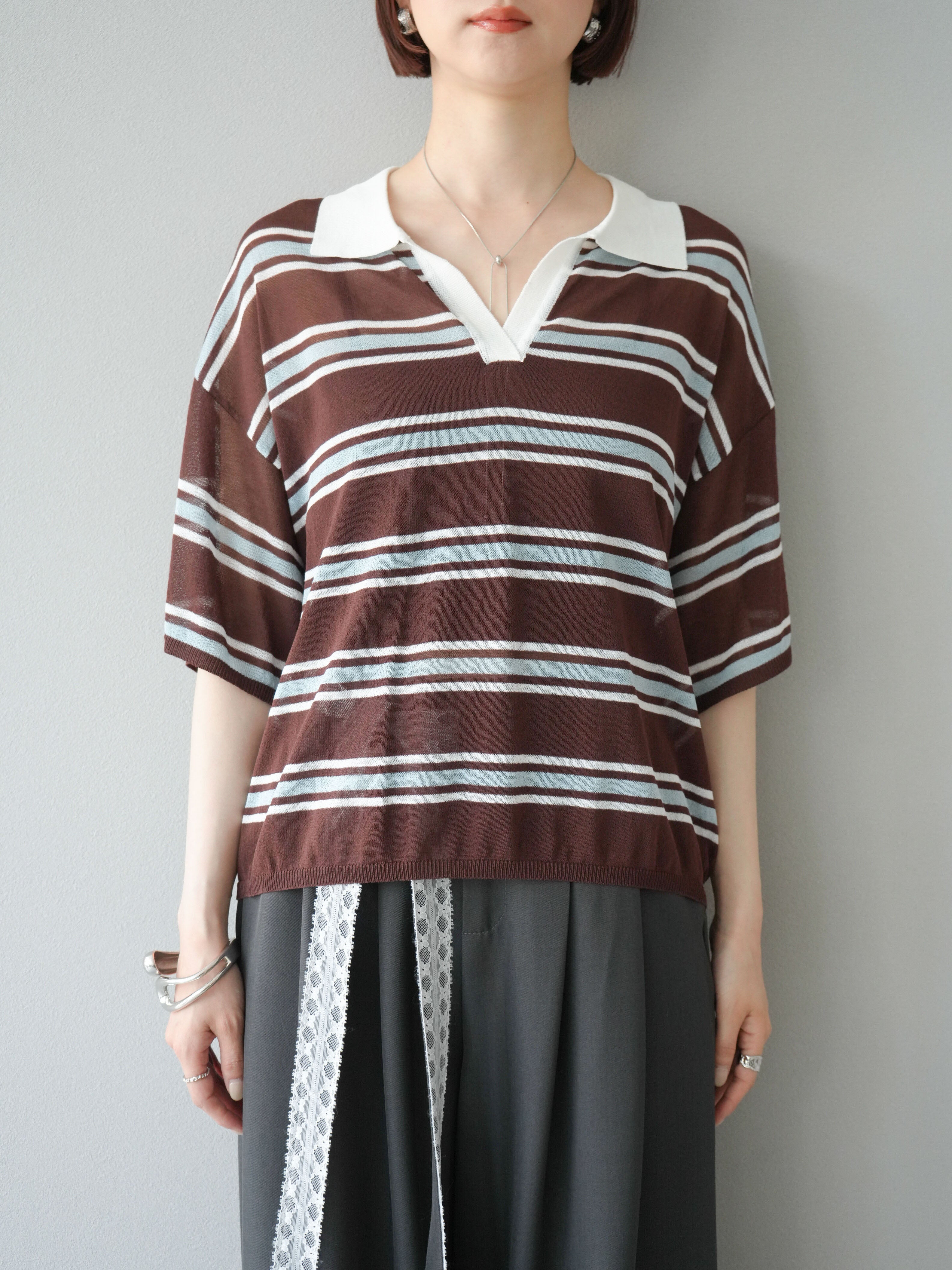 予約]シアーポロニットプルオーバー/ブラウンボーダー – Lumier