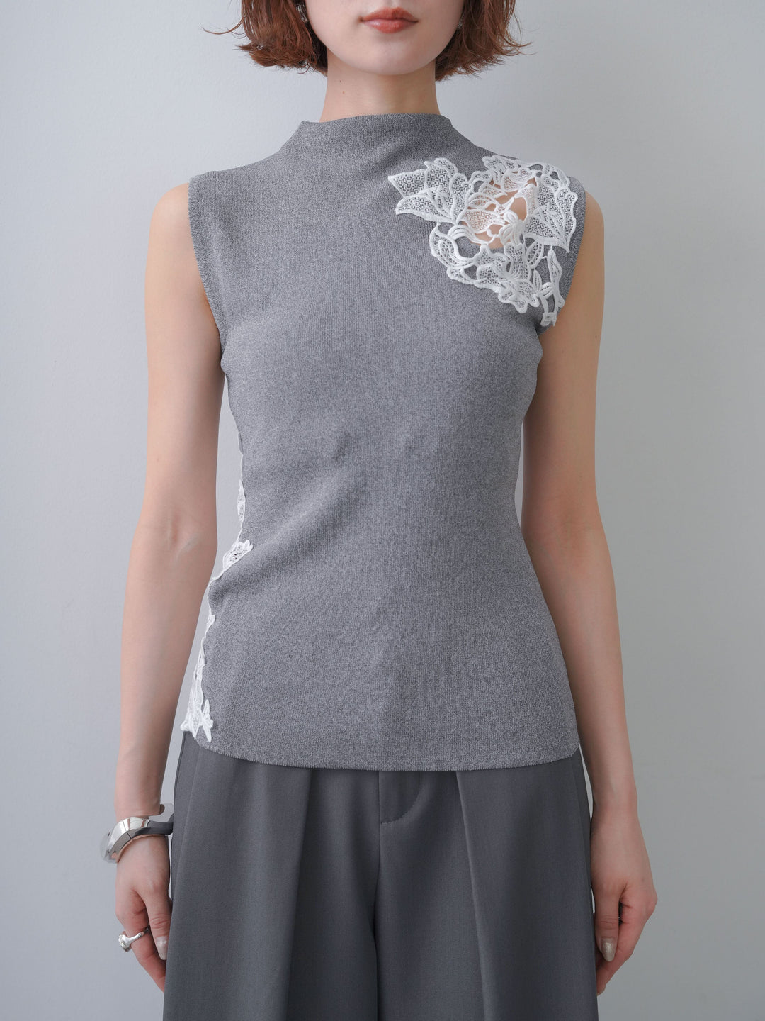[予約]サイドレースノースリモックニットトップス/gray
