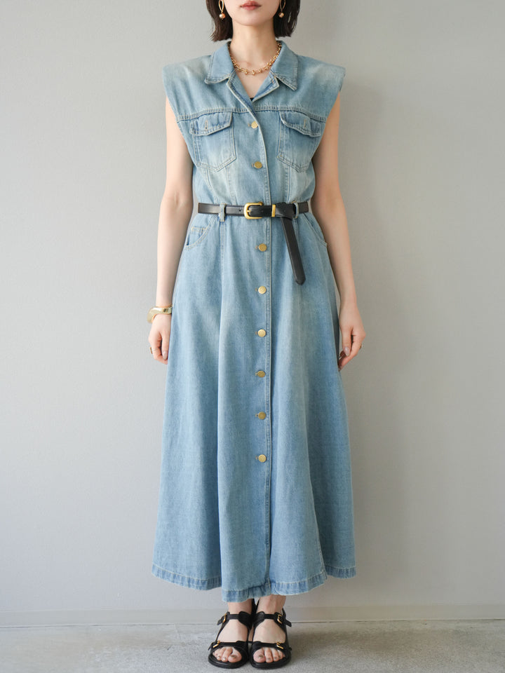 [予約]ベルト付デニムシャツデザインワンピース/ライトブルー