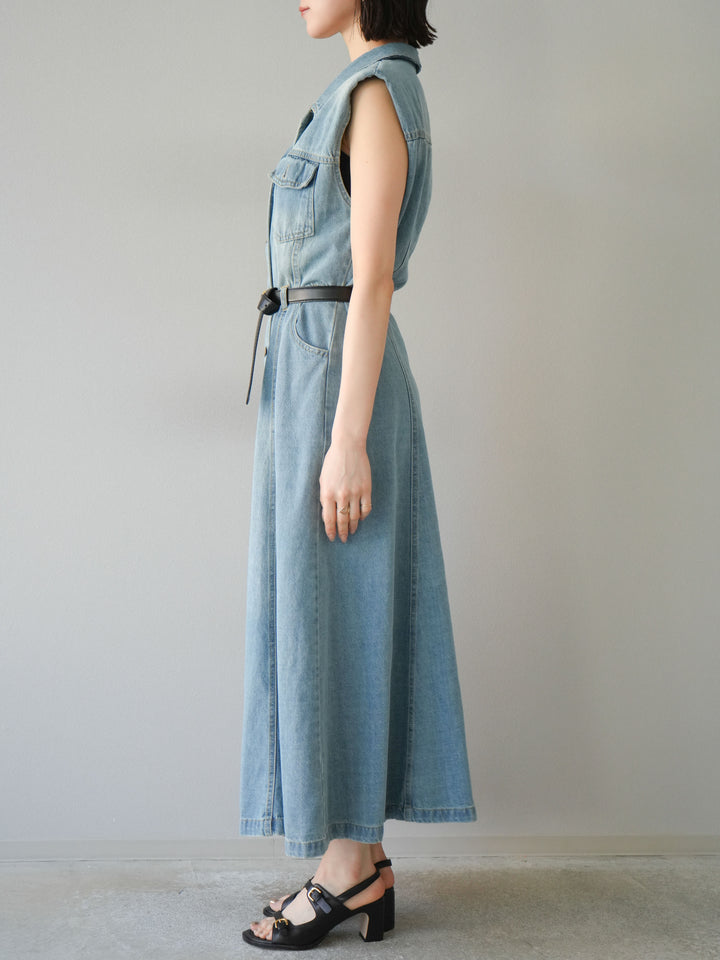 [予約]ベルト付デニムシャツデザインワンピース/ライトブルー
